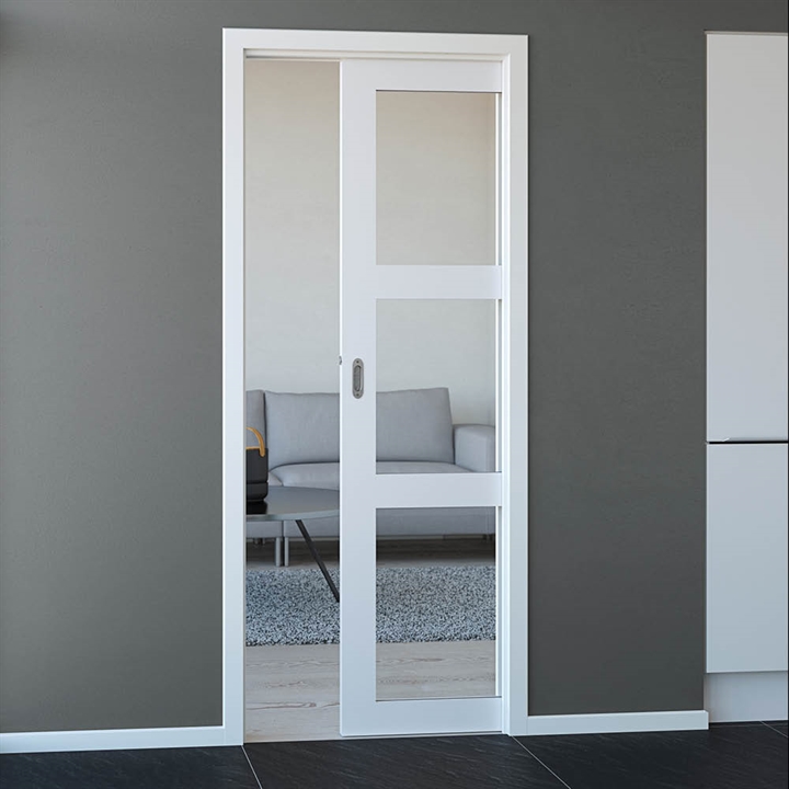 Kvadrat 3 glas skydedør med valgfri design greb - Safco Doors